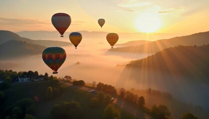 Fototapeta premium Multiple Hot Air Balloons Floating Over Mountain Valley at Sunset