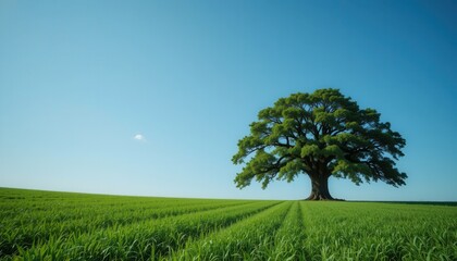 Obraz premium Lone tree on green field nature landscape rural environment clear sky