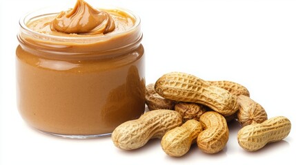 Peanut Butter roasted smooth. A jar of creamy peanut butter next to whole peanuts, showcasing a popular spread enjoyed in various dishes and snacks.