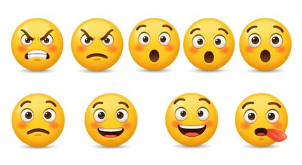 Fototapeta premium Emoticon face vector set with yellow emojis, featuring angry red, surprise, cute, crazy, and funny facial expressions, isolated on white background.
