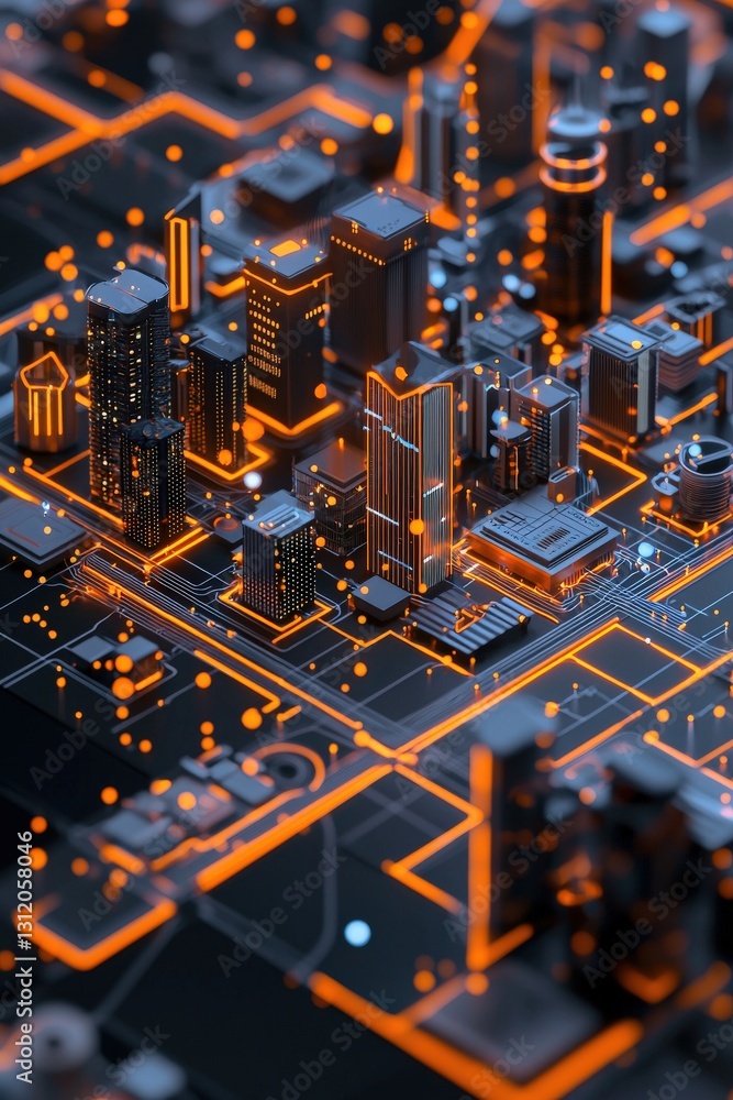 Poster a smart city visualized with glowing pathways and data streams.