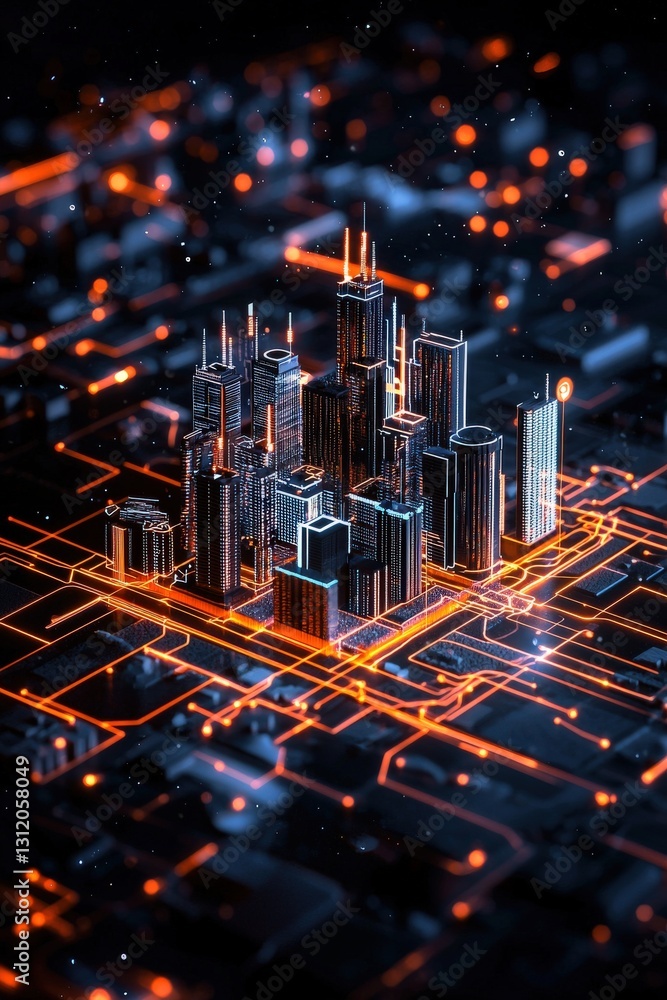 Poster a smart city visualized with glowing pathways and data streams.