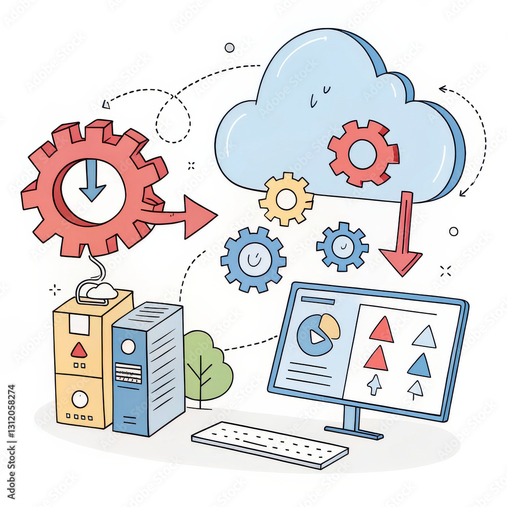 Poster cloud computing concept with gears, server, and computer