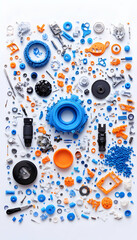 Obraz premium A collection of various blue, white, and orange plastic parts scattered across a white background