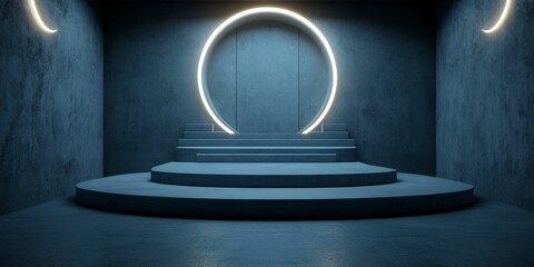Dark, moody concrete room interior with circular platform and neon lighting. Futuristic, minimalist aesthetic. Dim lighting creates shadows.