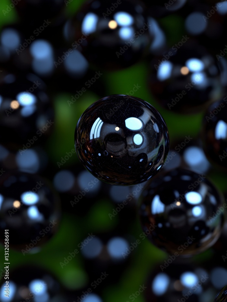 Poster abstract image of dark glossy spheres floating against a blurred green background. the spheres refle