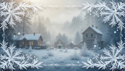 Naklejka premium Snowy Village Scene with Snowflake Border for Winter Holiday Greetings