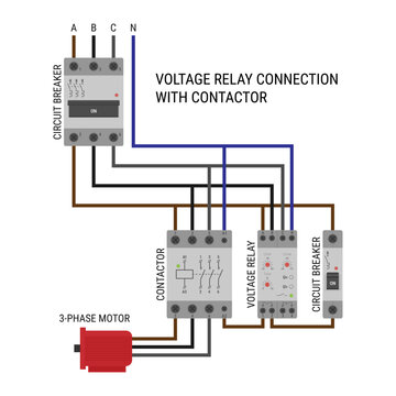 Wiring diagram of a voltage relay and contactor setup for 3-phase motor control. Vector illustration isolated on a white background