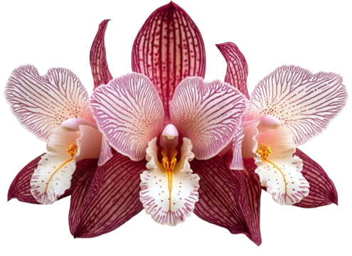 Beautiful pink and white orchids arranged in a symmetrical pattern against a dark background showcasing intricate petal designs