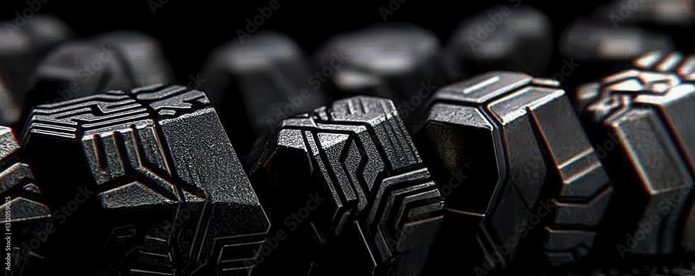 Poster close up of dark gray metallic objects with geometric patterns, arranged in a row. the intricate det