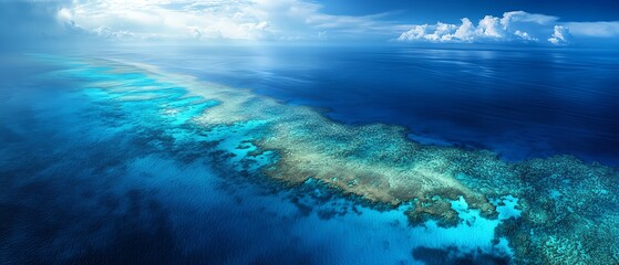 Obraz premium A breathtaking view of the Great Barrier Reef from above, with diverse coral ecosystems and a focus on marine sanctuaries and international conservation collaboration