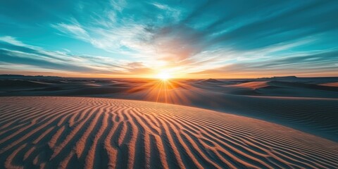 Naklejka premium 3d background minimalistic mockup with space for text, dramatic sunrise over a vast desert with intricate sand dune patterns