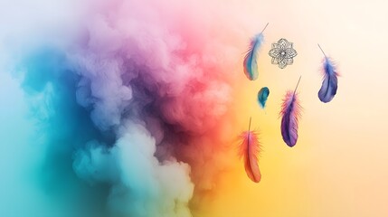 Fototapeta premium Colorful Feathers Floating Through Ethereal Smoke on a Soft Gradient Background