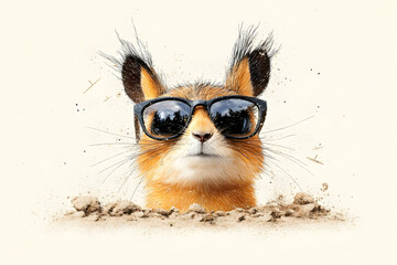 A cute animal with big ears and sunglasses peeking out of the ground