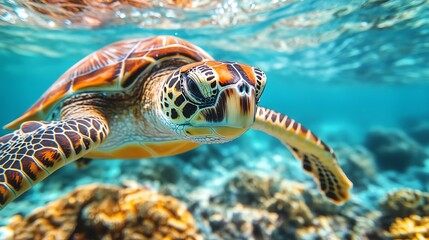 Obraz premium A closeup of a sea turtle swimming through thriving coral reefs, with vibrant fish and clear waters, symbolizing the successful conservation of the Great Barrier Reef