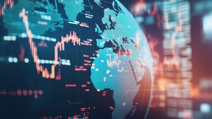 A globe integrated with global economy and stock market financial networks, illustrating interconnected financial systems and global markets.