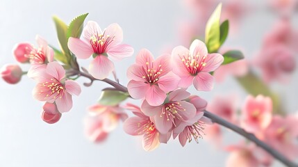 Fototapeta premium Delicate pink cherry blossoms in full bloom against a soft white background, symbolizing spring