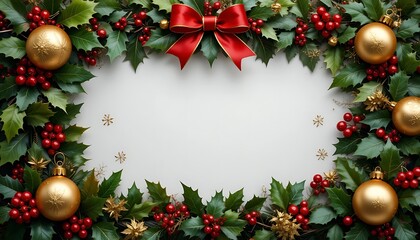 Festive Christmas Holly Berries and Gold Ornaments Frame with Red Ribbon