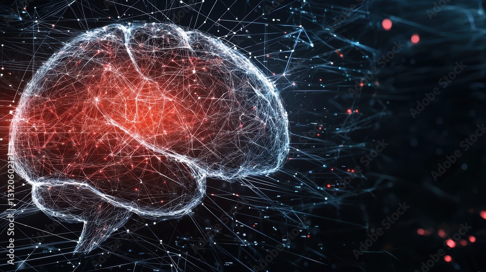 Poster illuminated brain, exploring the depths of cognitive function with red and blue light