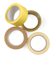 Rolls of different adhesive tapes isolated on white, top view