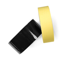 Rolls of adhesive and masking tapes isolated on white, top view