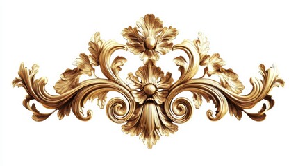 A gold baroque ornament element is displayed isolated on a white background, showcasing its intricate, elaborate design and classic luxury.