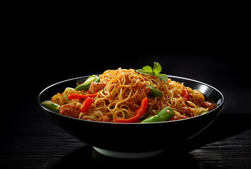 Plate of noodles eggs and vegetables in tomato sauce black background