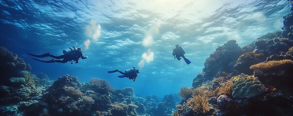 A group of divers exploring the Great Barrier Reefs protected areas, with abundant sea life, illustrating conservation initiatives and marine sanctuary efforts