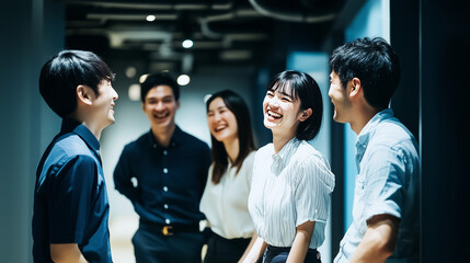 会社の同僚が通路で立ち話をしている和やかなイメージ