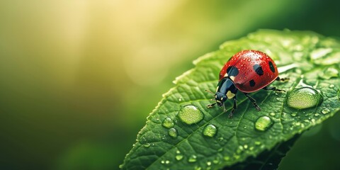3d background minimalistic mockup with space for text, high-resolution close-up of a red ladybug sitting on a fresh green leaf with perfect water droplets