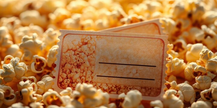 Tickets resting among fresh popcorn highlight a festive atmosphere at a local movie theater during the evening rush