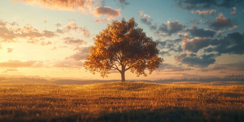 Fototapeta premium 3d background minimalistic mockup with space for text, dramatic shot of a single oak tree standing tall in an open golden field at sunset