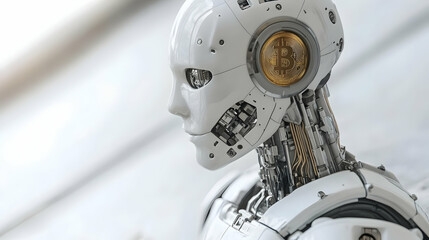 Fototapeta premium Close Up of a White and Gold Humanoid Robot Head