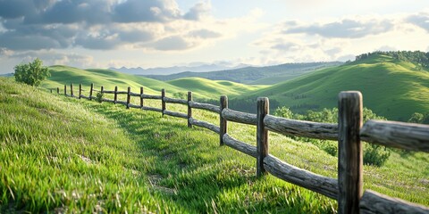 3d background minimalistic mockup with space for text, peaceful rural landscape with an old wooden fence running through rolling green hills