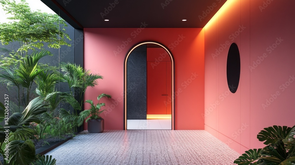 Poster a striking hallway draws the eye with its deep pink walls and sleek archways. lush greenery and eleg