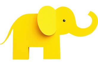 Bright yellow elephant cutout made from paper placed on a white background for decoration or educational purposes