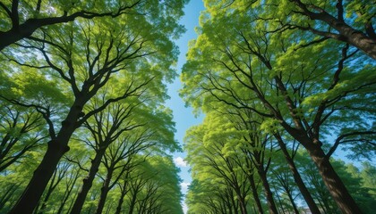 Fototapeta premium Lush green canopy walk forest park nature photography sunny day upward view serenity