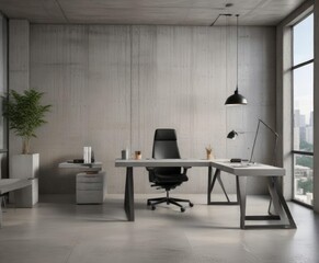 Minimalist concrete office design with sleek furniture, aesthetic, elegant, contemporary