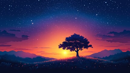 A peaceful, expansive landscape with a silhouette of a lone tree, under a vibrant, starlit sky, symbolizing the vastness of the universe and inner peace