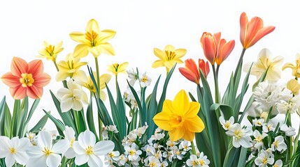 Obraz premium Vibrant Spring Flowers Blooming in a Lush Garden with Soft Natural Light and White Background