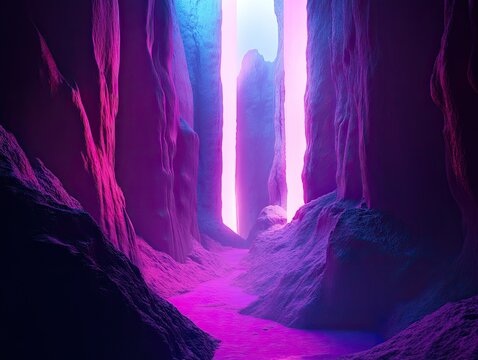 Surreal canyon landscape bathed in vibrant neon hues, a dreamlike vista - Powered by Adobe