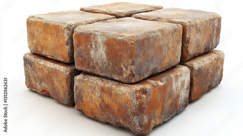 Poster stacked weathered bricks showing texture and color variations in a neutral background