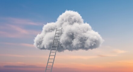 Reaching Dreams Ladder to Fluffy Cloud Dreamy Sunset Sky. AI Generated