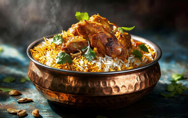 Indian Biryani in a copper bowl, against a dark background