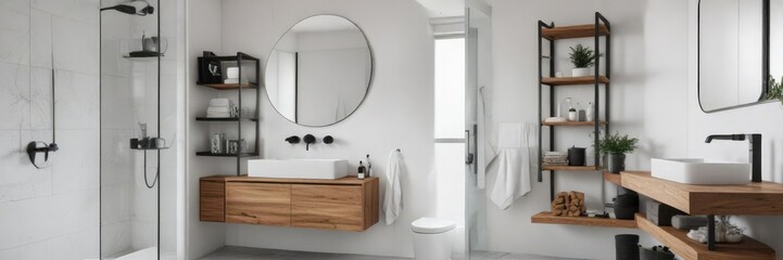 Minimalistic white bathroom with black accents and wooden shelving, contemporary., high-end, chic