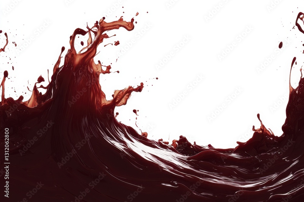 Poster dark brown liquid splashing, creating dynamic wave like patterns against a white background. high co