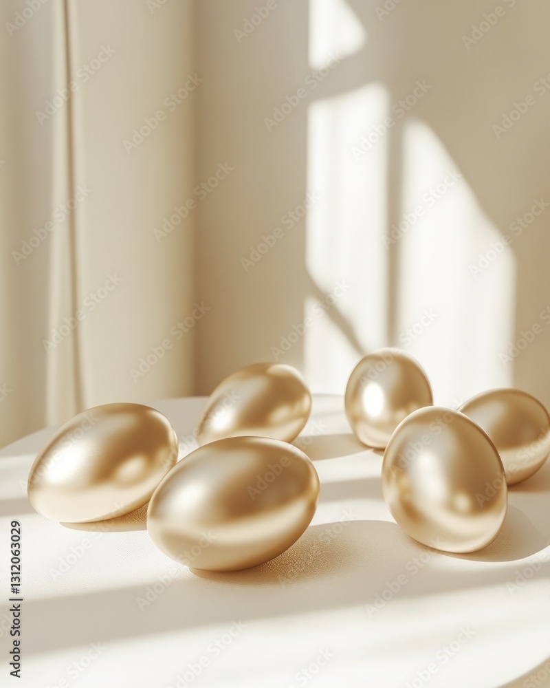 Poster golden eggs on a white table with soft lighting and shadow creating a minimalist aesthetic