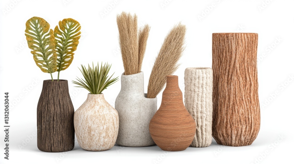 Poster collection of textured vases in earthy tones, featuring dried flowers and greenery. vases vary in sh