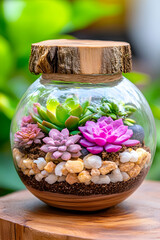 A glass globe terrarium with various succulents and decorative stones
