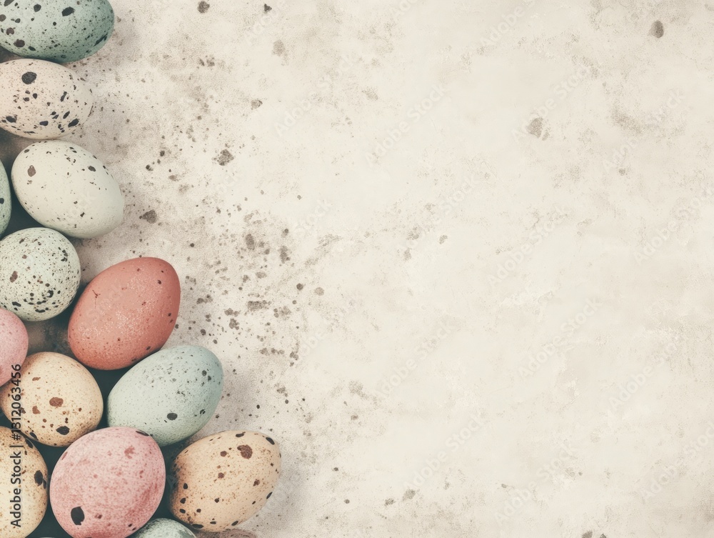 Poster speckled easter eggs arranged on a textured beige surface. pastel colored eggs with a rustic look cr